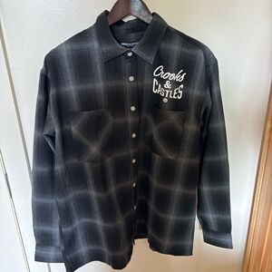 2000s Crooks & Castles Black Plaid Logo Print Flannel Button-Up Mens Medium NWT